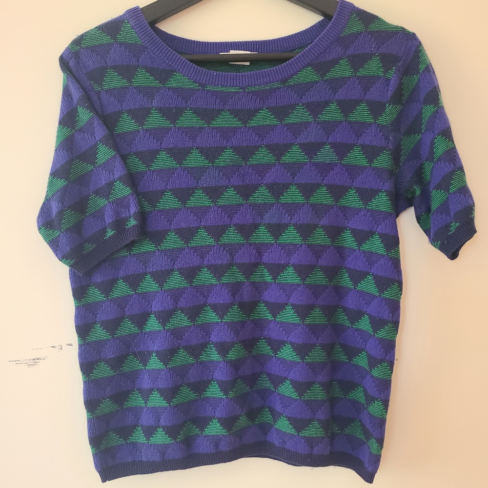 Club Monaco Blue and Green Patterned Crewneck Top